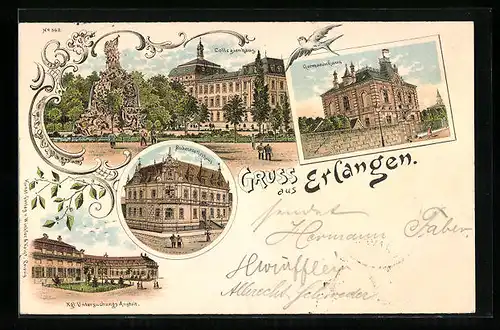 Lithographie Erlangen, Collegienhaus, Germanenhaus, Bubenreutherhaus, Kgl. Untersuchungs-Anstalt