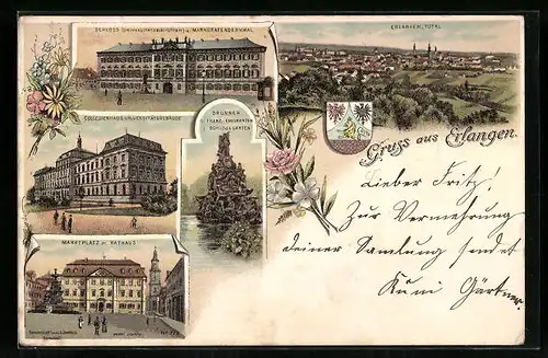 Lithographie Erlangen, Schloss und Markgrafendenkmal, Marktplatz mit Rathaus, Totalansicht