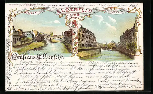 Lithographie Elberfeld, Einst und jetzt, Uferpartie