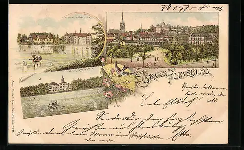 Lithographie Flensburg, Schloss Glücksburg, Schloss Gravenstein, Teilansicht der Stadt