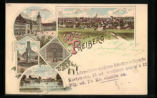 Lithographie Freiberg i. S., Goldene Pforte, Schwedendenkmal, Markt und Rathaus