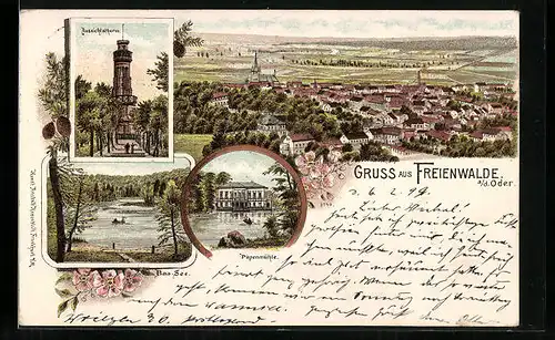 Lithographie Freienwalde a. d. Oder, Aussichtsturm, Papenmühle, Baa-See