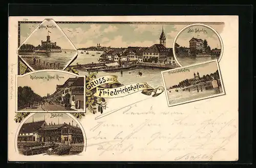 Lithographie Friedrichshafen a. B., Schloss Montfort, Bahnhof, Karlstrasse und Hotel Krone