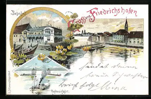 Lithographie Friedrichshafen, Ansicht vom Bahnhof, Dampfer an der Hafeneinfahrt