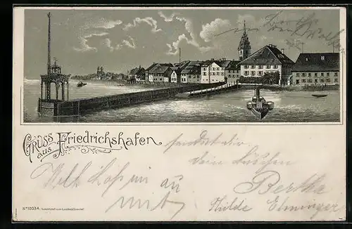 Mondschein-Lithographie Friedrichshafen, Teilansicht, Bootspartie