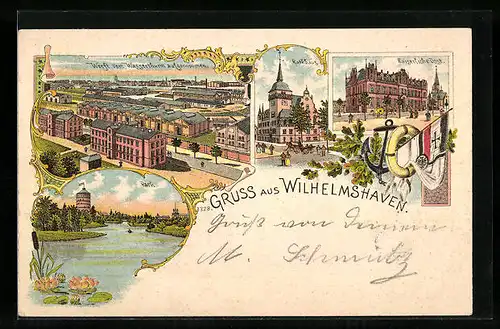 Lithographie Wilhelmshaven, Rathaus, Kaiserl. Post, Park