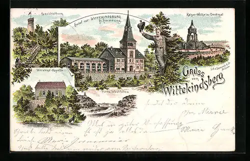 Lithographie Wittekindsberg, Hotel zur Wittekindsburg, Porta-Westfalica, Aussichtsthurm