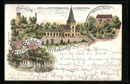 Vorläufer-Lithographie Wittekindsberg, Hotel zur Wittekindsburg, Wittekind-Kapelle 1895