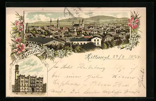 Lithographie Zittau, Totalansicht und Rathaus