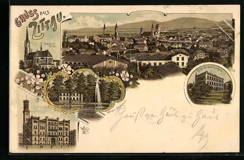Lithographie Zittau, Restaurant Weinau, Katholische Kirche