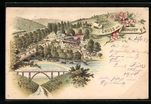 Lithographie Müngsten, Ortspartie aus der Vogelschau, Eisenbahnbrücke