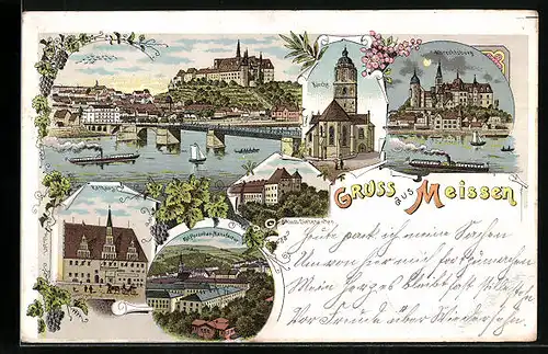 Lithographie Meissen, Kgl. Porzellan Manufactur, Kirche, Albrechtsburg, Rathaus und Totalansicht mit Brücke