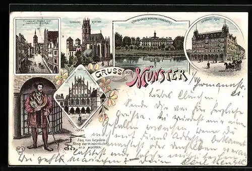 Lithographie Münster i. W., Ludgeri Kirche, Königliches Schloss Parkseite, Rathaus mit Friedenssaal