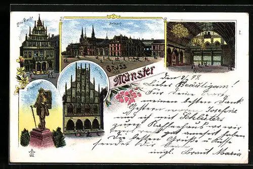 Lithographie Münster, Bahnhof, Alte Wache, Rathaus, Kiepenkähl