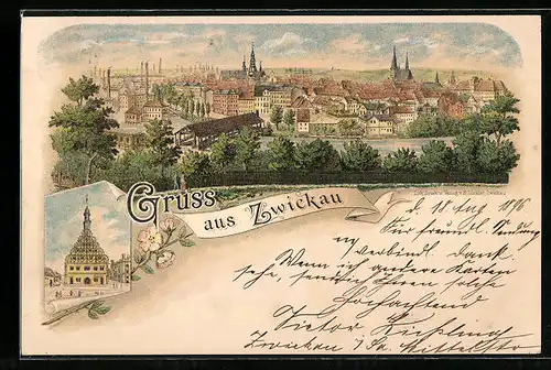 Lithographie Zwickau, Totalansicht, Gewandhaus