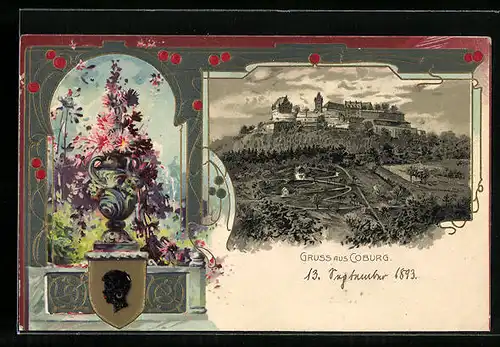 Passepartout-Lithographie Coburg, Blick zur Burg, Veste