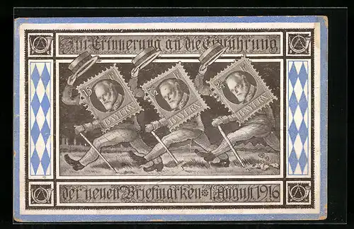 AK Bayern, Einführung der neuen Briefmarken 1916, Briefmarken auf Beinen, Posthorn