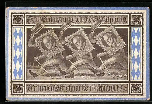 AK Bayern, Einführung der neuen Briefmarken 1916, Briefmarken auf Beinen, Posthorn