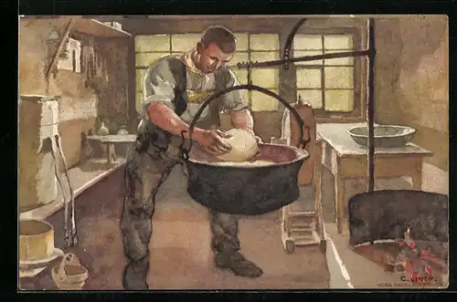 Künstler-AK Schweizer Bundesfeier 1920, Bäcker bereitet einen Teig vor, Ganzsache