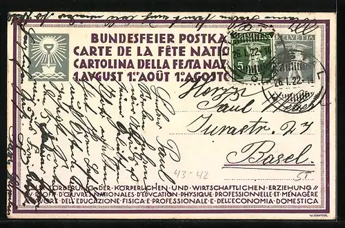 Künstler-AK Schweizer Bundesfeier 1920, Bäcker bereitet einen Teig vor, Ganzsache