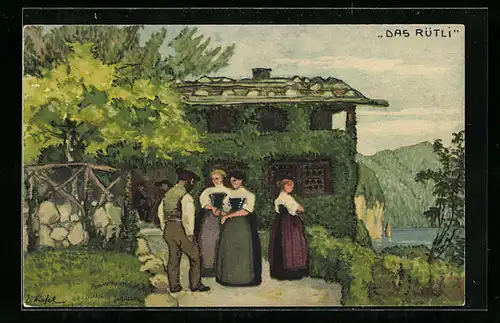 Künstler-AK Schweizer Bundesfeier 1913, Anwohner stehen vor dem Rütli, Ganzsache