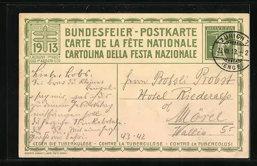 Künstler-AK Schweizer Bundesfeier 1913, Anwohner stehen vor dem Rütli, Ganzsache