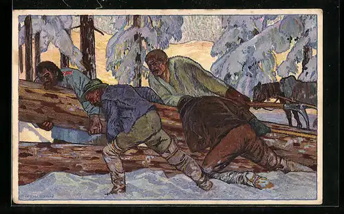 Künstler-AK Schweizer Bundesfeier 1920, Holzfäller bei der Arbeit im Wald, Ganzsache