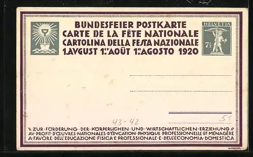 Künstler-AK Schweizer Bundesfeier 1920, Holzfäller bei der Arbeit im Wald, Ganzsache