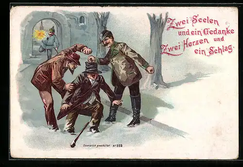 Lithographie Polizist eilt herbei Zwei Seelen und ein Gedanke, Zwei Herzen und ein Schlag