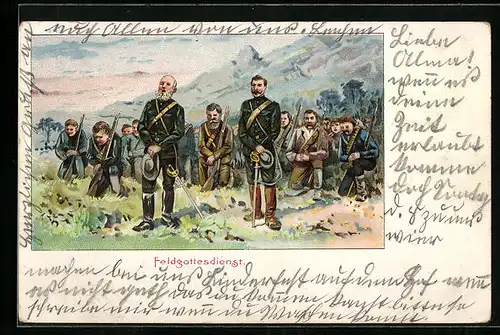 Lithographie Soldaten bei einem Feldgottesdienst, Burenkrieg