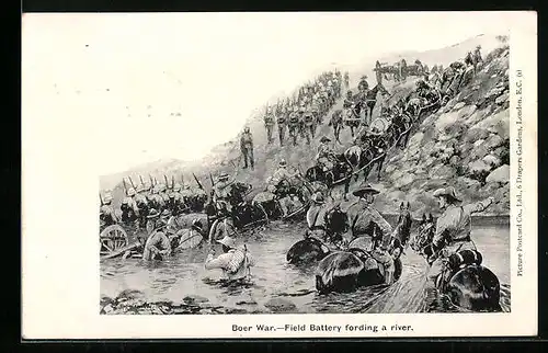 AK Boer War, Field Battery fording a river, Soldaten auf Pferden durchqueren einen Fluss, Burenkrieg