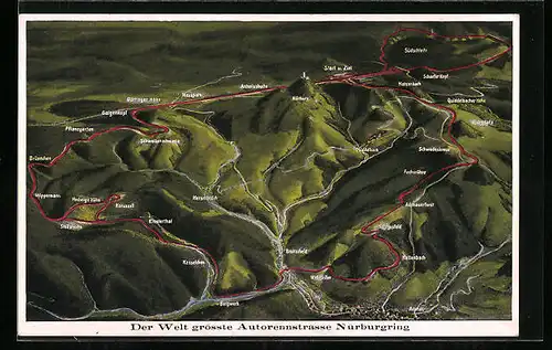 Künstler-AK Nürburgring mit Ortsbezeichnungen