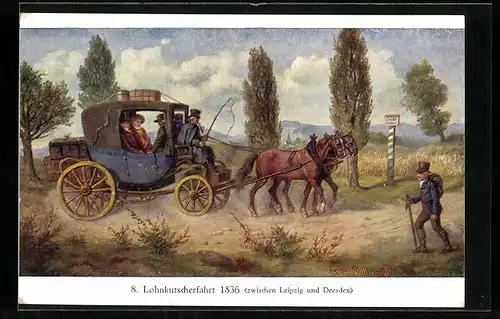 Künstler-AK Lohnkutscherfahrt 1836 zwischen Leipzig und Dresden, Postkutsche