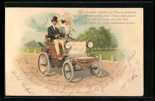 Lithographie Auto, Pärchen fährt in einem Auto