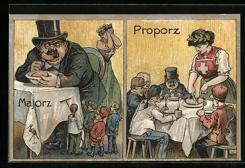 Künstler-AK Majorz und Proporz, Für Proporz & Wahlgerechtigkeit 1910, Arbeiterbewegung