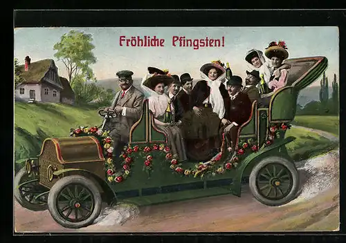 AK Pfingstgruss, Autobus mit Feiernden