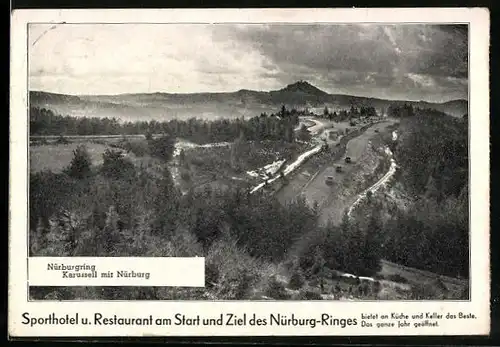 AK Nürburg, Blick von der Hohen Acht auf den Nürburg-Ring, Sporthotel am Start /Ziel