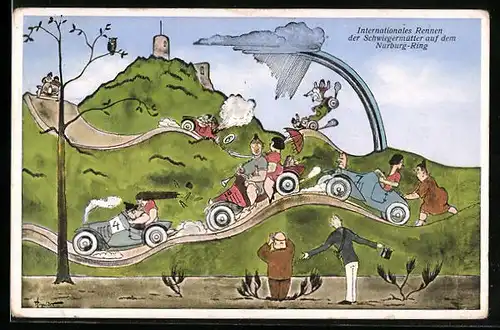 AK Nürburg-Ring, Karikatur des Internationalen Rennens der Schwiegermütter