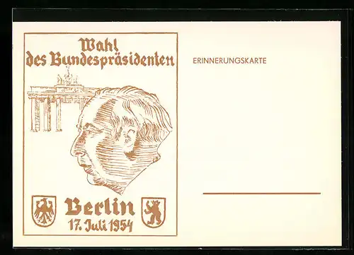 AK Berlin, Wahl des Bundespräsidenten 1954, Brandenburger Tor, gedruckt in brauner Farbe