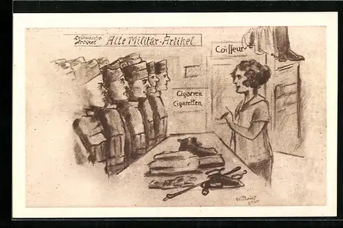 Künstler-AK Schweizer Militär - Bedarf en gros, Soldaten im Geschäft stehen vor der Verkäuferin stramm