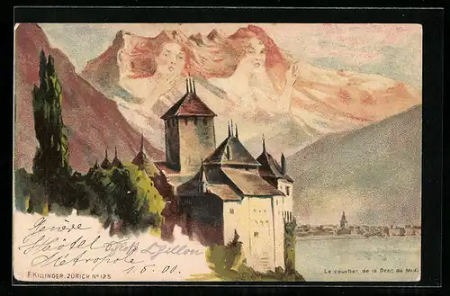 Lithographie Killinger Nr. 125: Le Coucher de la Dent du Midi, Berg mit Gesicht / Berggesichter