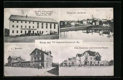 AK Wüstenbrand i. Sa., Gasthof Wüstenbrand, Teichpartie mit Kirche, Bahnhof