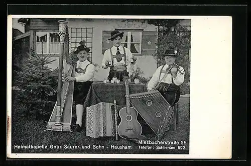 AK Hausham, Heimatkapelle Gebr. Sauer und Sohn mit Instrumenten, Miesbacherstrasse 25