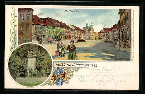 Lithographie Hildburghausen, Marktplatz, Denkmal der Königin Luise