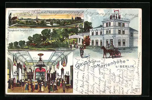 Lithographie Berlin-Tempelhof, Gasthaus Marienhöhe, Aussicht von der Marienhöhe