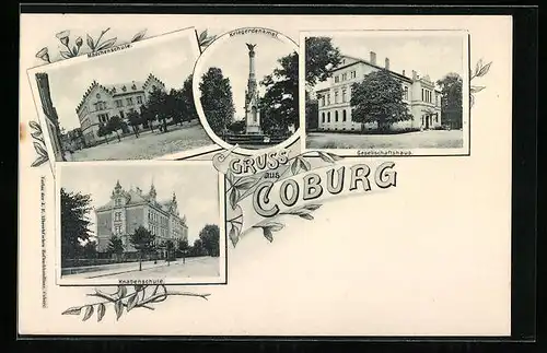 AK Coburg, Gesellschaftshaus, Mädchenschule, Kriegerdenkmal
