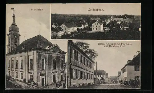 AK Weidenbach, Pfarrkirche, Triesdorferstrasse mit Pfarrhaus und Handlung Kehl