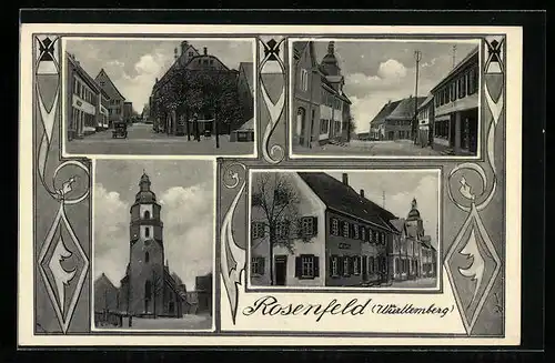 AK Rosenfeld /Württemberg, Ansichten im Dorf mit Kirche und Marktplatz