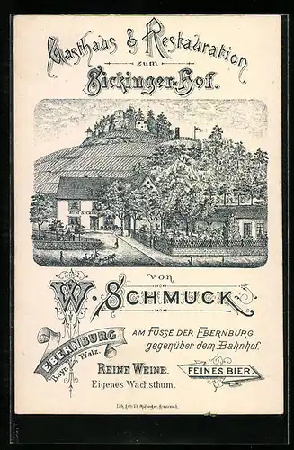 Künstler-AK Ebernburg /Bayr. Pfalz, Gasthaus & Restauration zum Sickinger-Hof von W. Schmuck