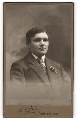 Fotografie Josef Faix, Prag, junger Herr im gestreiften Anzug mit Ansteckblume